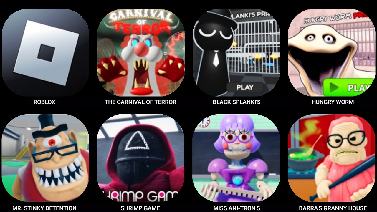 THE CARNIVAL OF TERROR, Hungry Worm, Miss Ani Tron's, BLACK SPLANKI'S, Mr Stinky's Detention, Roblox