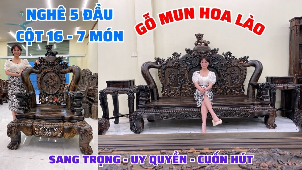 Bộ bàn ghế Nghê 5 Đầu cột 16 gỗ Mun hoa Lào Sang trọng bệ vệ và uy dũng