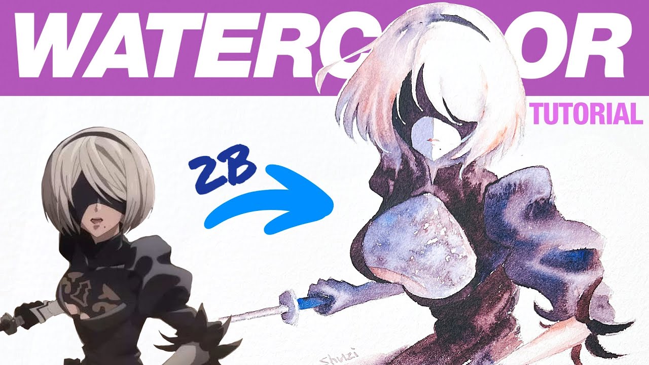 Real-time Anime Watercolor Tutorial [Nier Automata 2B] for beginners