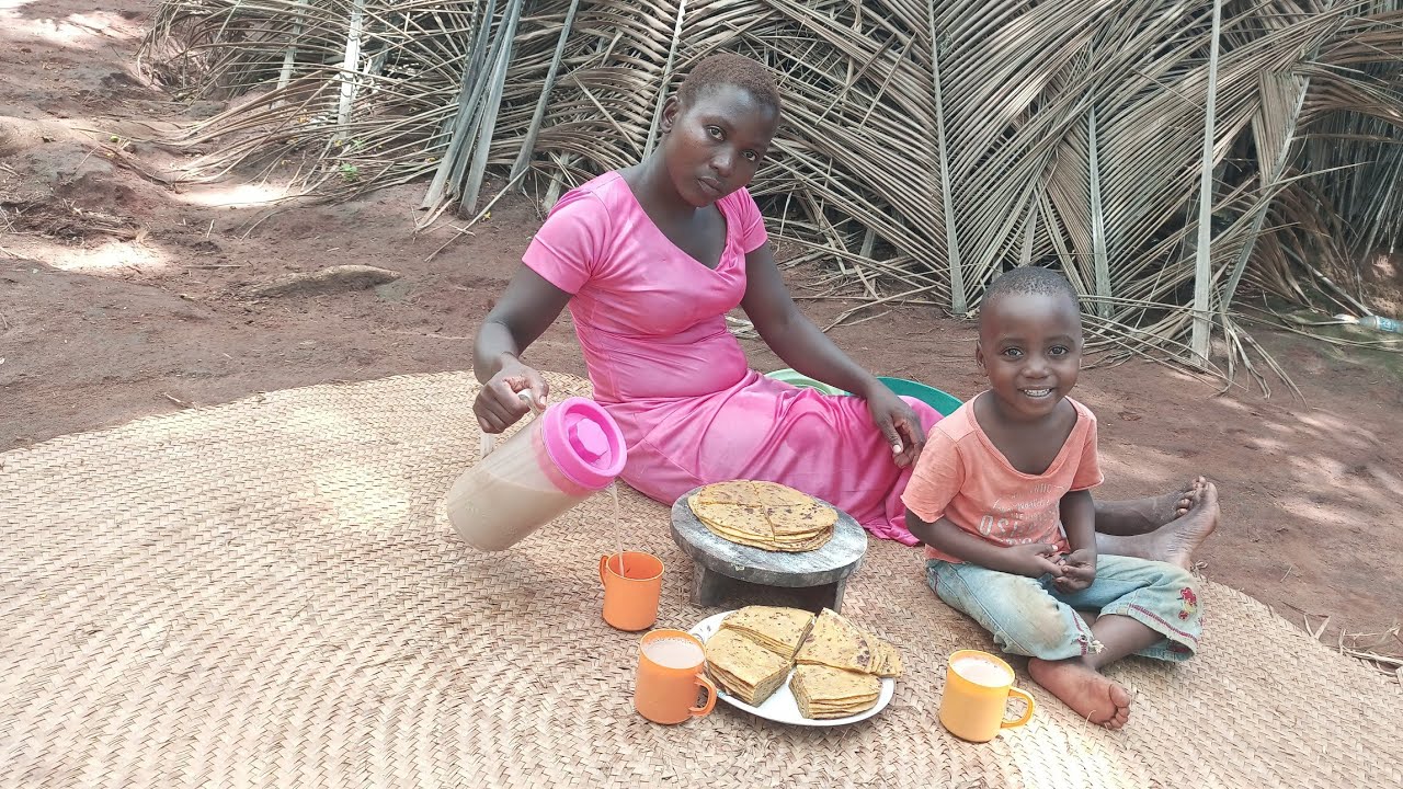 African Village life and Cooking pumpkin bread served with ginger,milk tea for breakfast