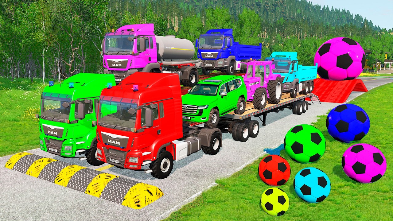 Flatbed Trailer McQueen Transportation with Truck - Speedbumps vs Cars vs Train - BeamNG.Drive #43