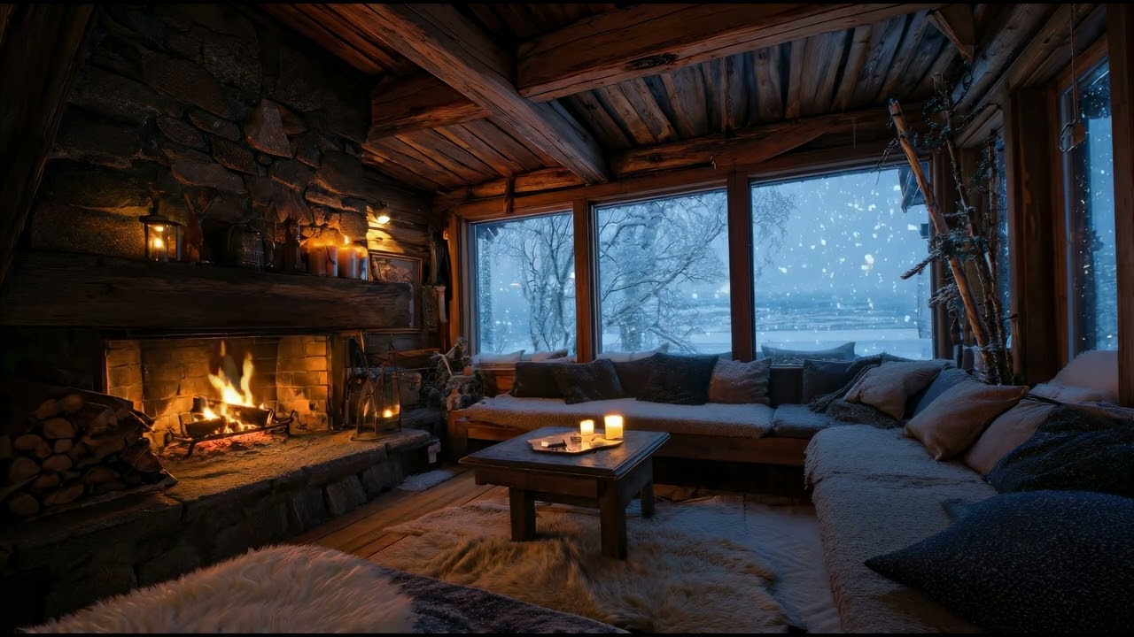 Cozy Winter Cabin Ambience ❄️ Crackling Fireplace & Snowstorm Sounds (10 Hours)