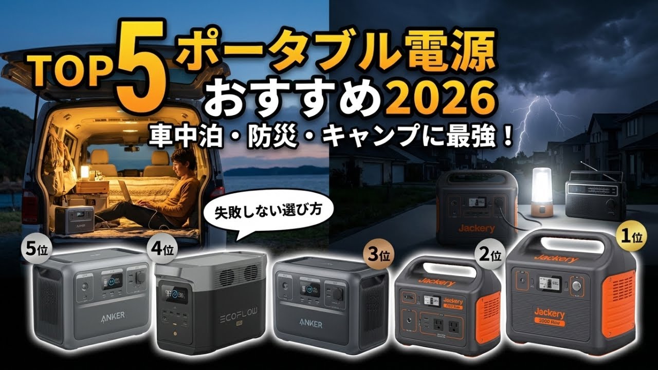 【2026年最新】ポータブル電源 おすすめ 5選！車中泊・災害時・キャンプに最強なのはコレ【リン酸鉄リチウム 大容量】