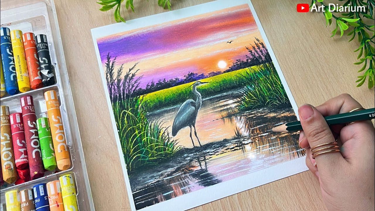 Sunset Lake Scenery Drawing with a Crane || Oil Pastel Scenery Step-by-step