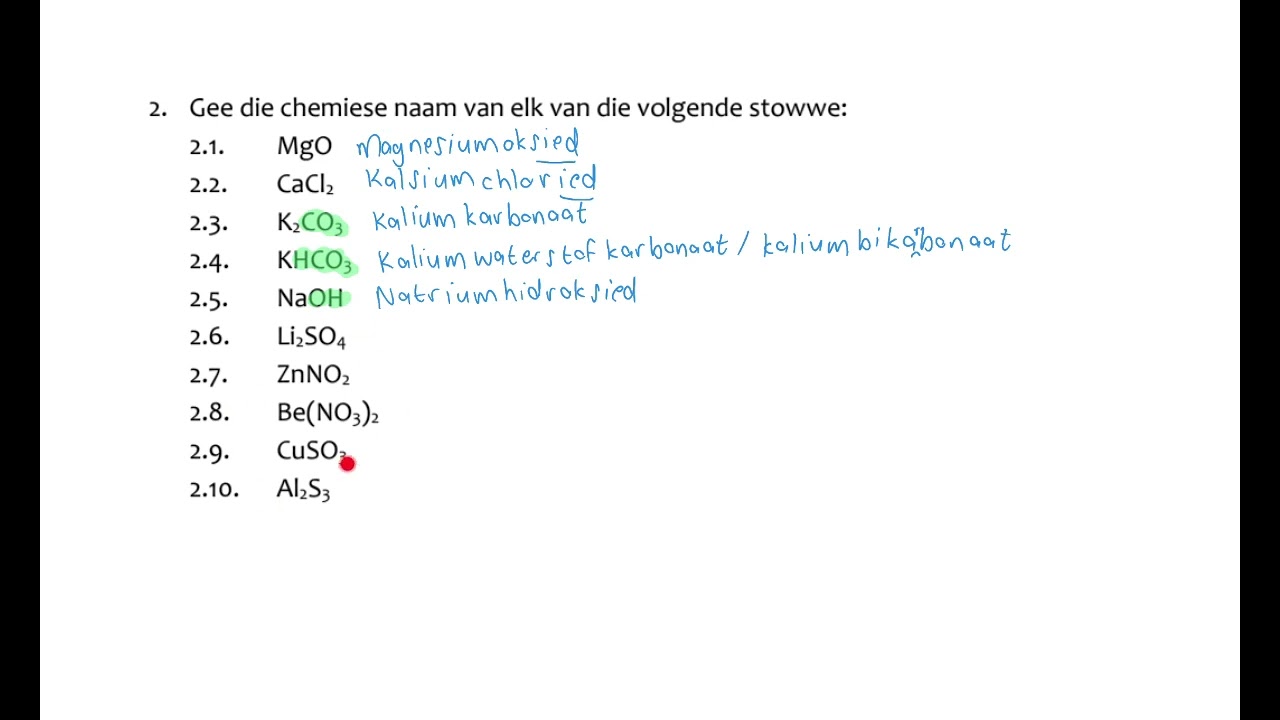 Name en formules van chemiese verbindings Gr. 10 Chemie