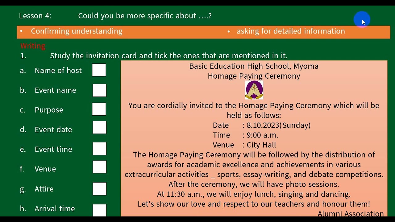 Grade 9 English Unit 2 Lesson 4: Could you be more specific about...?