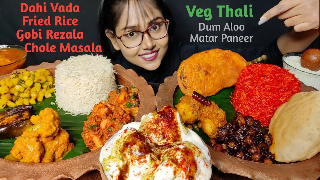 Eating Dum Aloo, Chole Masala, Fried Rice, Sweets | Big Bites | ASMR Eating | Mukbang | Veg Thali