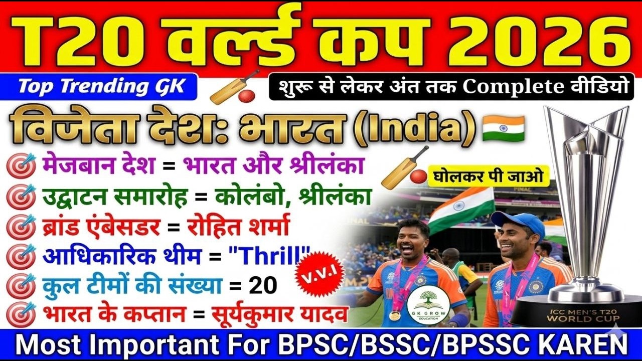 T20 World Cup 2026 Complete GK 🏆 | भारत बना विजेता 🇮🇳 | घोलकर पी जाओ  #AEDO, #BPSC, #bssc  # BPSSC