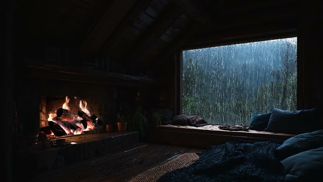 Dark Midnight Cabin 🌧️ Rain Outside, Low Fireplace Glow for Deep Rest & Relaxation