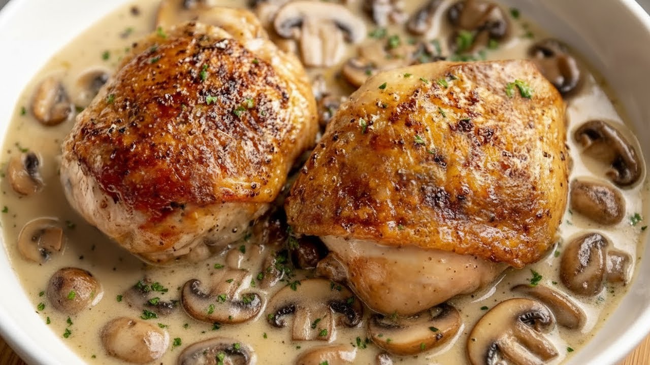 Hähnchenschenkel mit Champignons in cremiger Knoblauchsauce! In nur 10 Minuten!