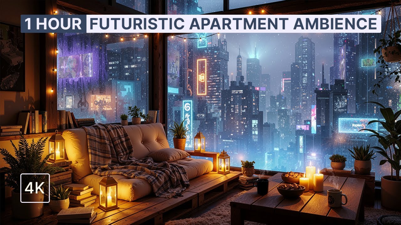 🌃 Seoul 2079 – Snowfall, Neon Lights & Relaxing Jazz Noir | 1 Hour Futuristic Apartment Ambience