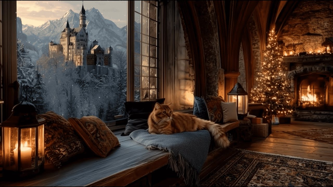 Neuschwanstein Castle Christmas Ambience • Cozy Fireplace, Sleeping Cat & Holiday Music | 3 Hours