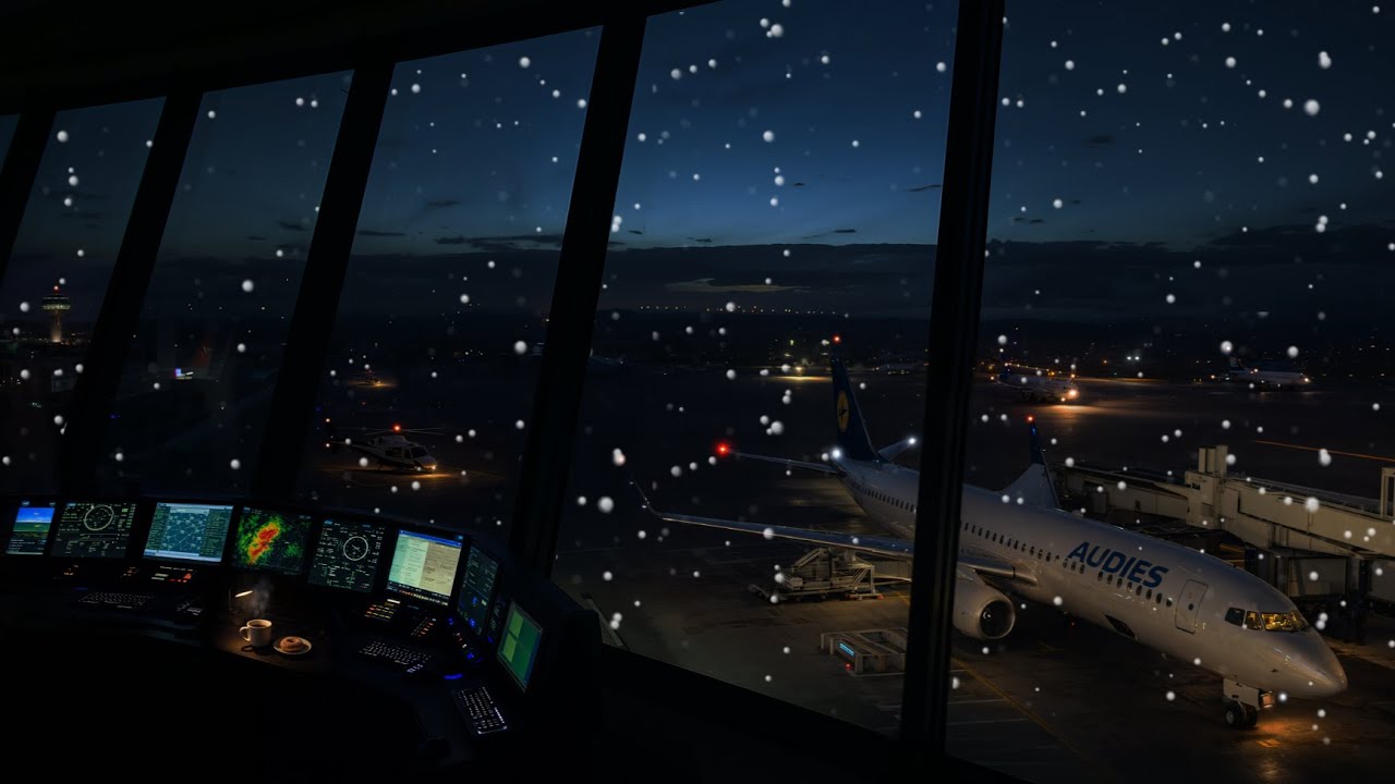 Snowfall for Sleep, Study, and Reading 😴 Airport Control Tower at Night ❄️✈️