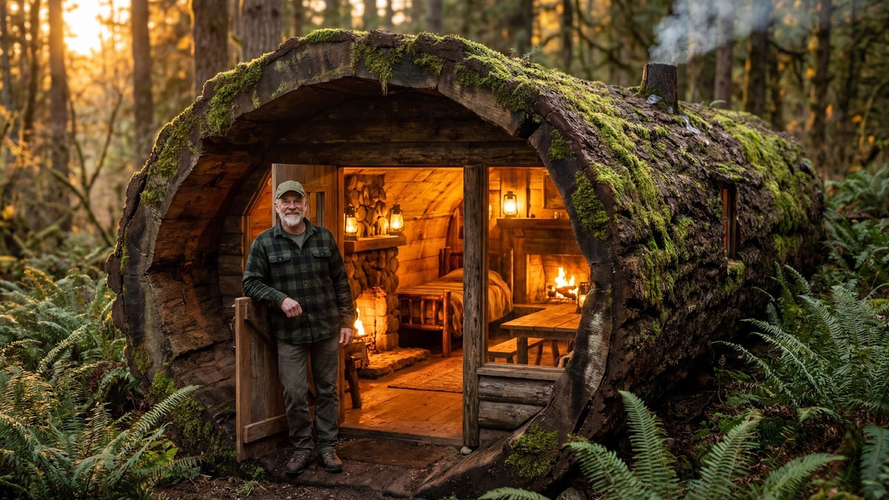 Building a Cozy Cabin Inside a Giant Hollow Log  50 Days Solo