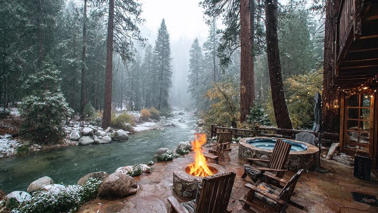 Winter Forest River Ambience ❄️ Fire Pit Crackling & Rushing Water Sounds