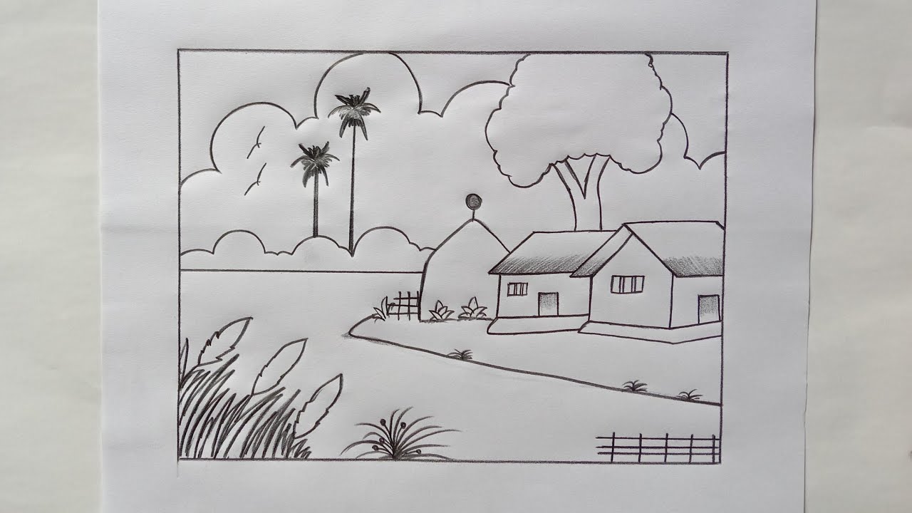সহজ গ্রামের দৃশ্য।। Village scenery drawing easy।। Village drawing with pencil।। Pencil sketch 