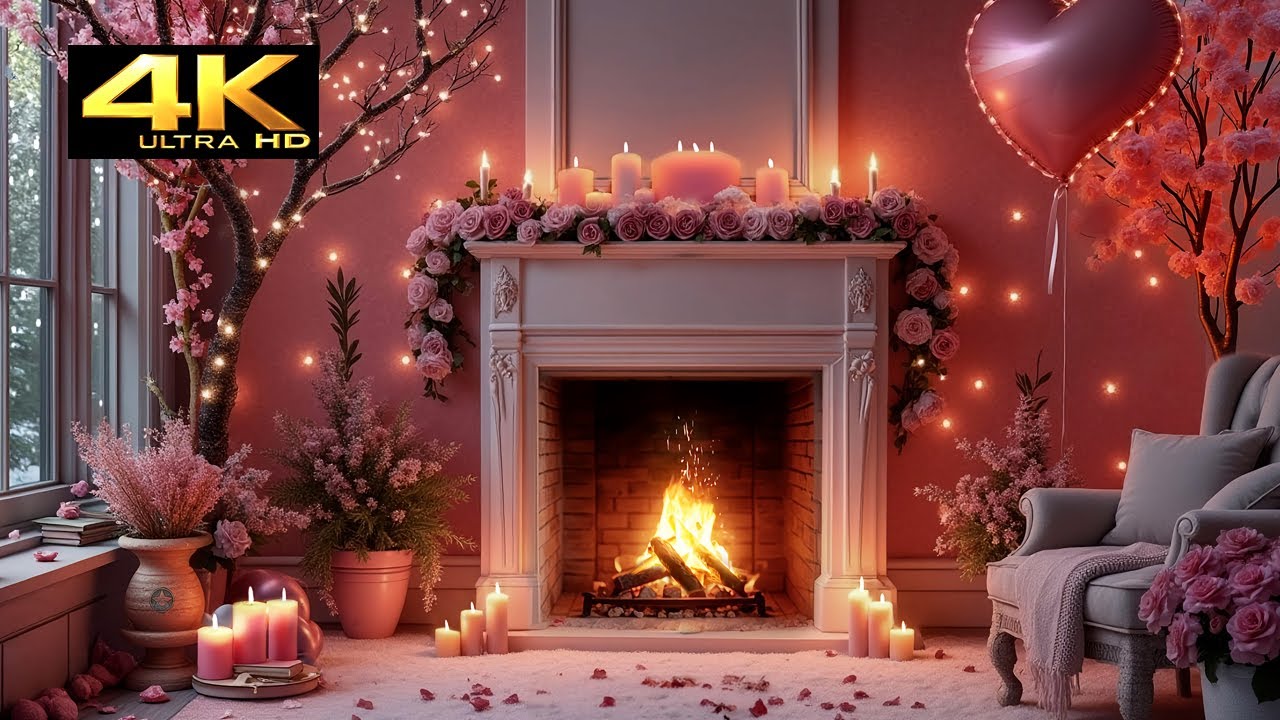 4К Valentine’s Fireplace | Birthday Background with Flowers & Crackling Fire 🌸 Romantic Ambience