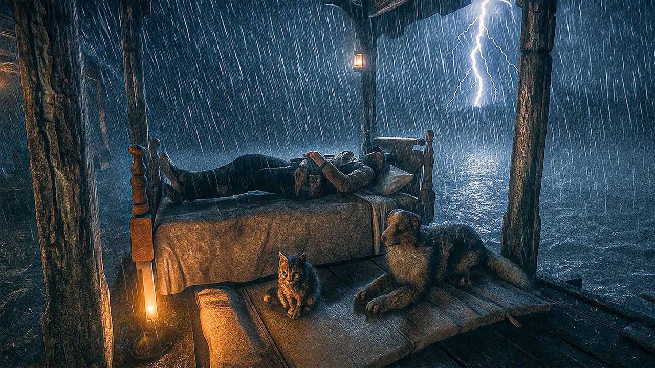 Sleeping on a Cozy Porch Bed with My Dog & Cat | Night Time Thunderstorm | RDR2 ASMR Rain