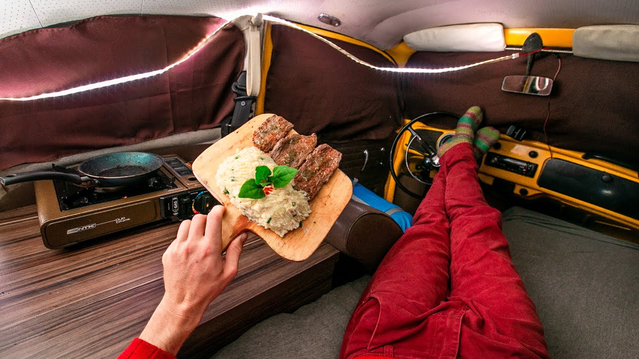 Car Camping in Rain and Fog - Cooking Meal in a Small Car