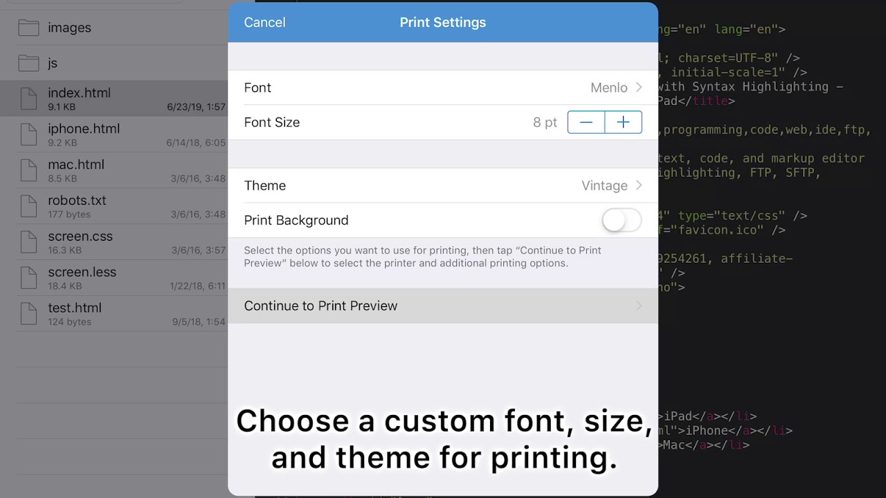 Printing Source Code in Textastic 8 for iOS