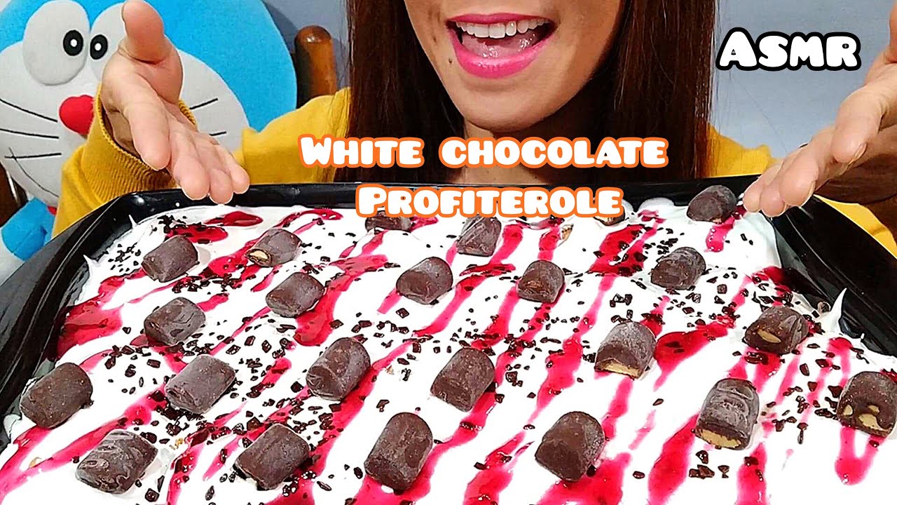ASMR White Chocolate Cake Profiterole & Chocolate Covered Ice Cream Eating Sounds