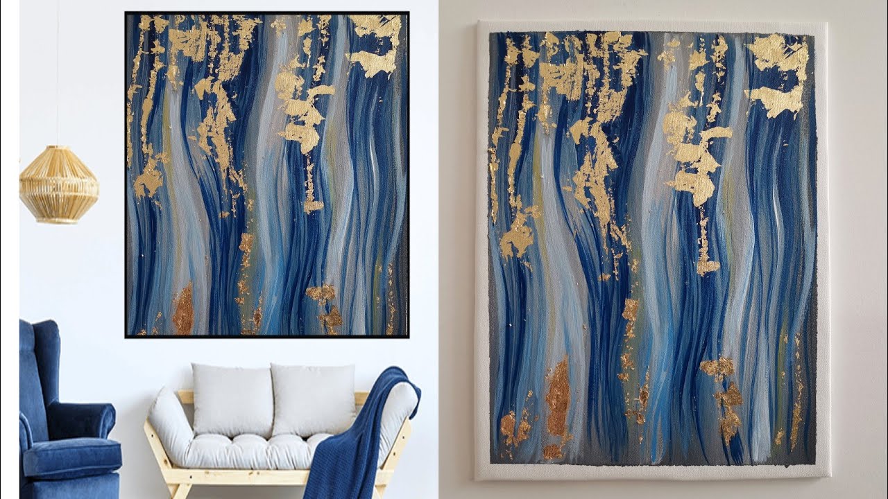 SIMPLE yet STYLISH ACRYLIC GOLD leaf art that everyone can try Acrylic painting |goldleaf|navy blue