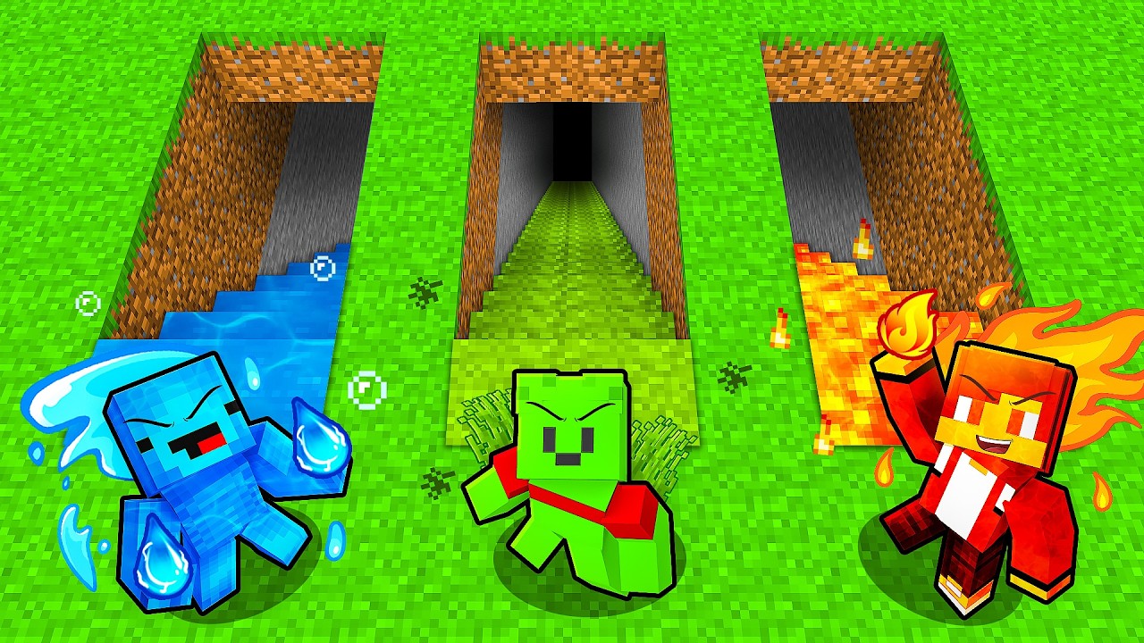 JJ vs Mikey vs Carrie: ELEMENTAL TUNNEL BATTLE in Minecraft - Maizen
