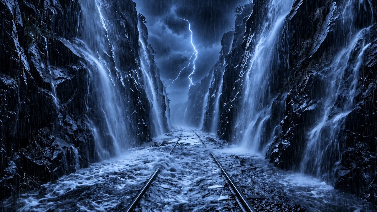 Escape into the Storm &mdash; Flooded Canyon Railway | Blue Lightning, Heavy Rain & Waterfalls