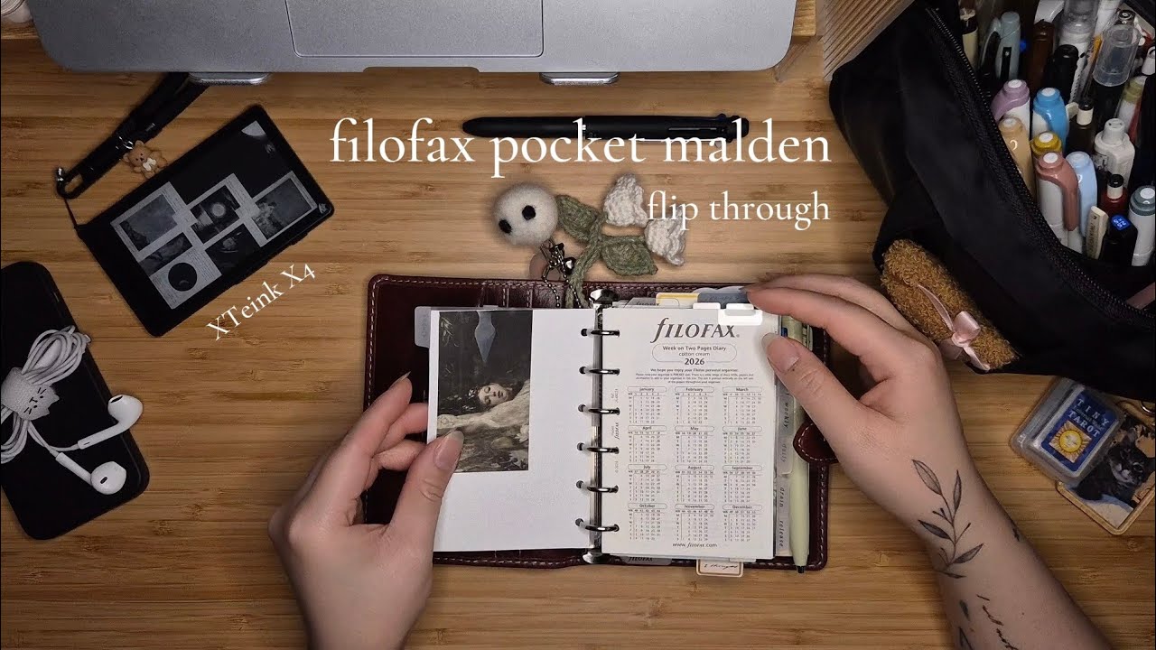 BURGUNDY FILOFAX POCKET MALDEN! mini review + flip through // peak at XTeink X4 e-reader