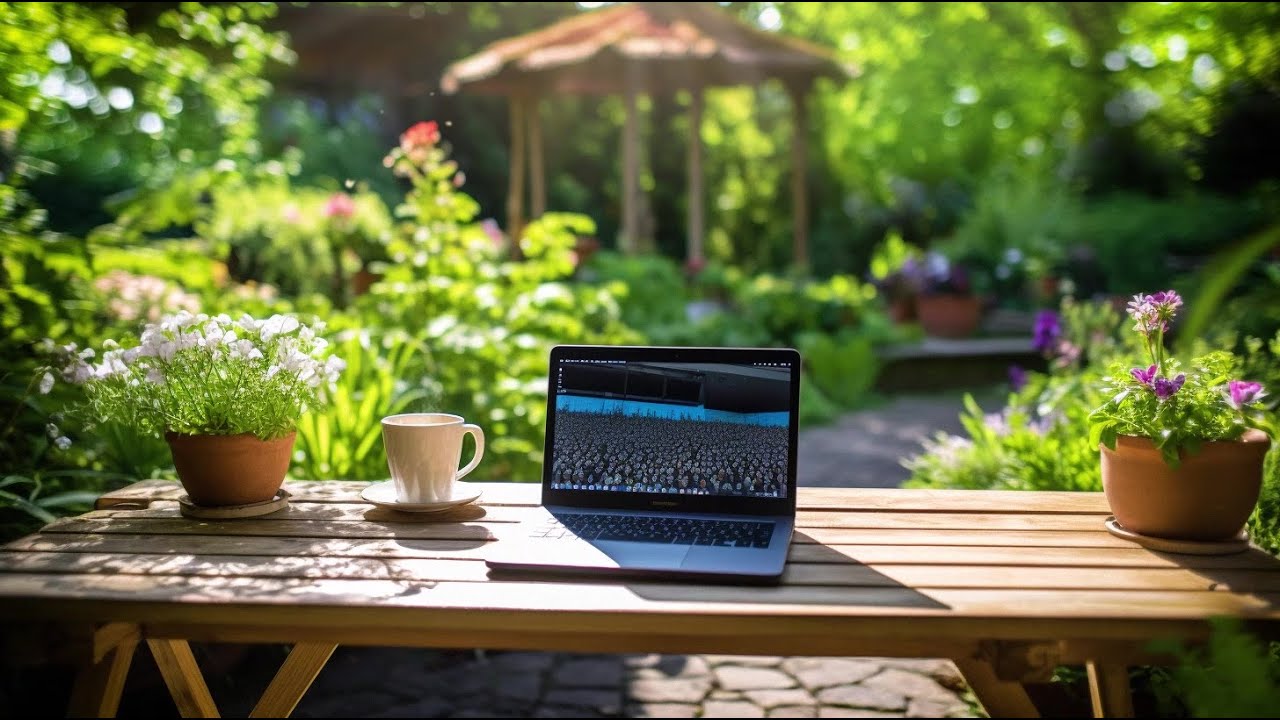 Morning Productivity: Peaceful Workspace in a Sunny Garden