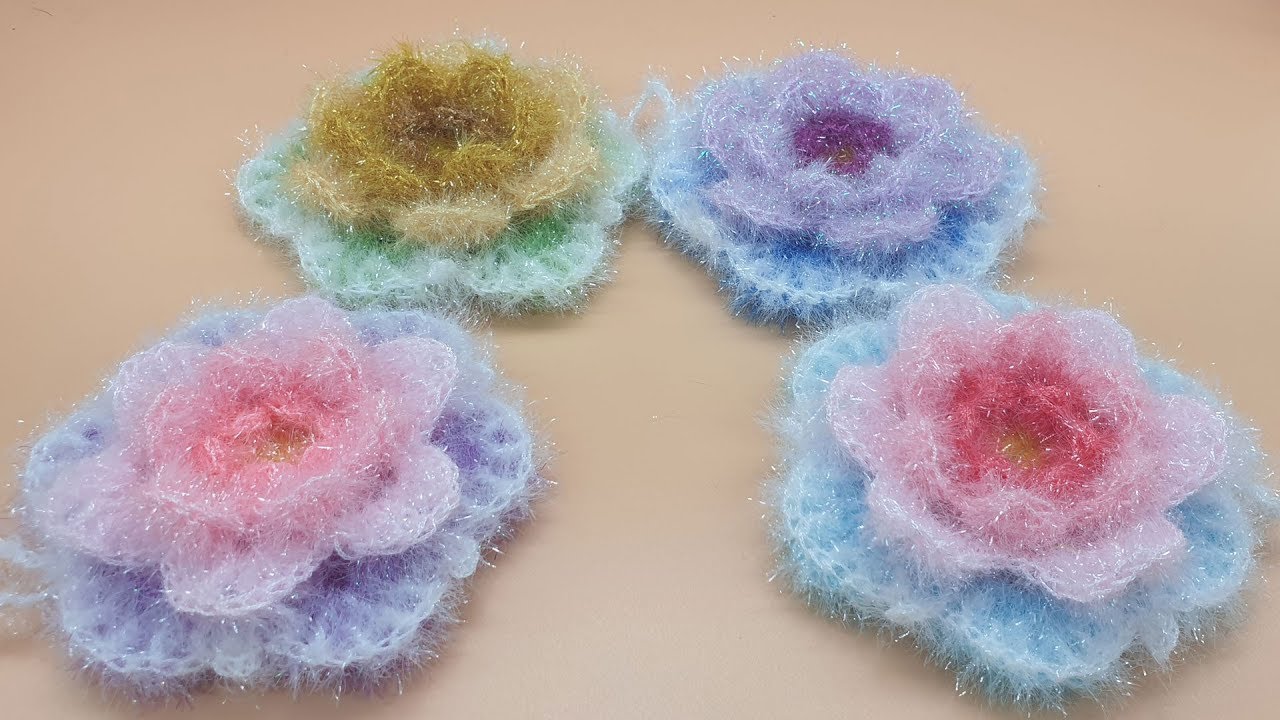 [코바늘뜨개crochet] 활짝 핀 장미 평면 수세미뜨기  Crochet Dish Scrubby