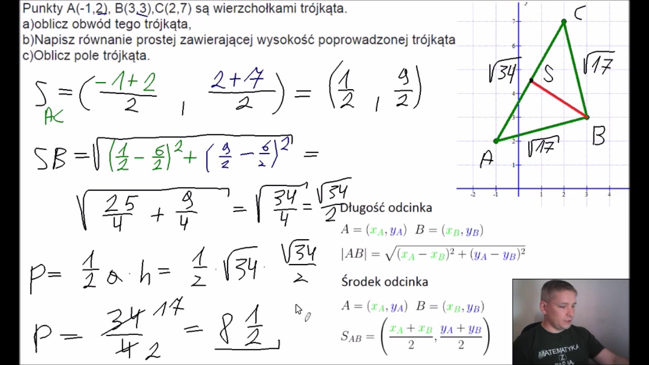 Oblicz obwód i pole trójkąta. Napisz równanie prostej zawierającej wysokość.