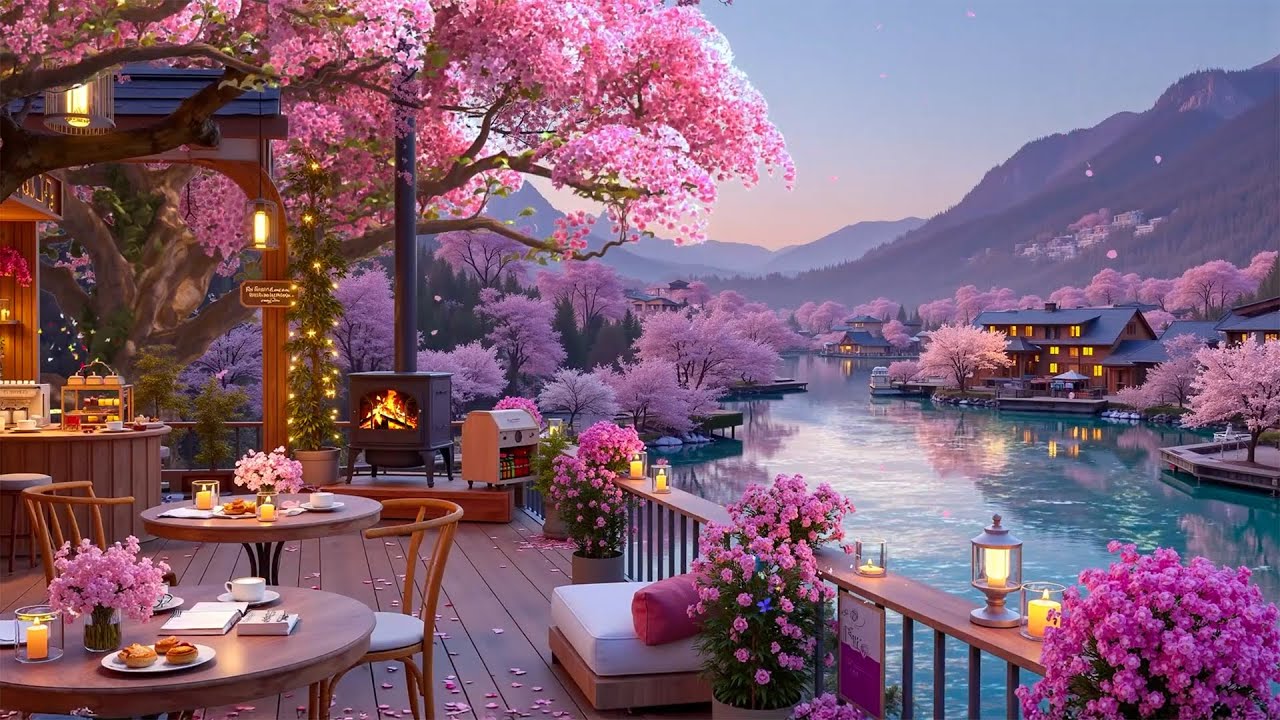 Warm Jazz at a Cozy Lakeside Terrace | Spring Cherry Blossoms & Café Ambience for Relaxing Retreat🌸