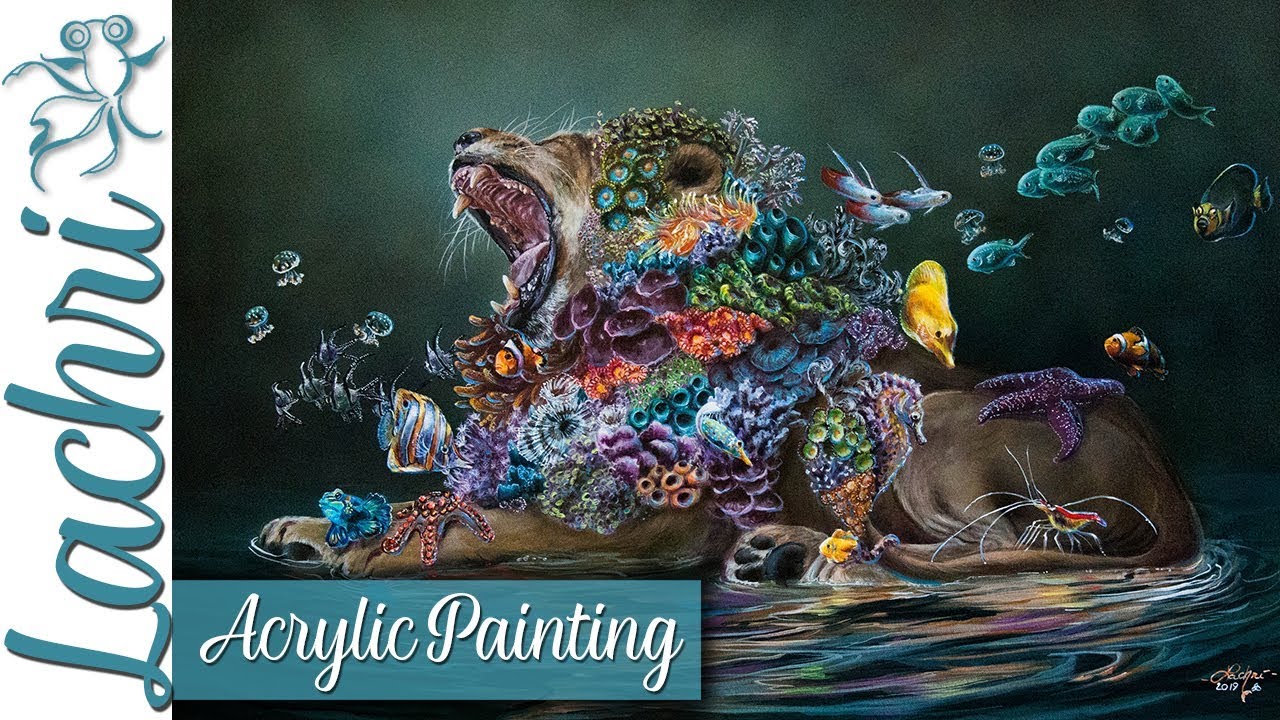 Surreal Lion, fish, & Coral Reef acrylic painting tips - Lachri