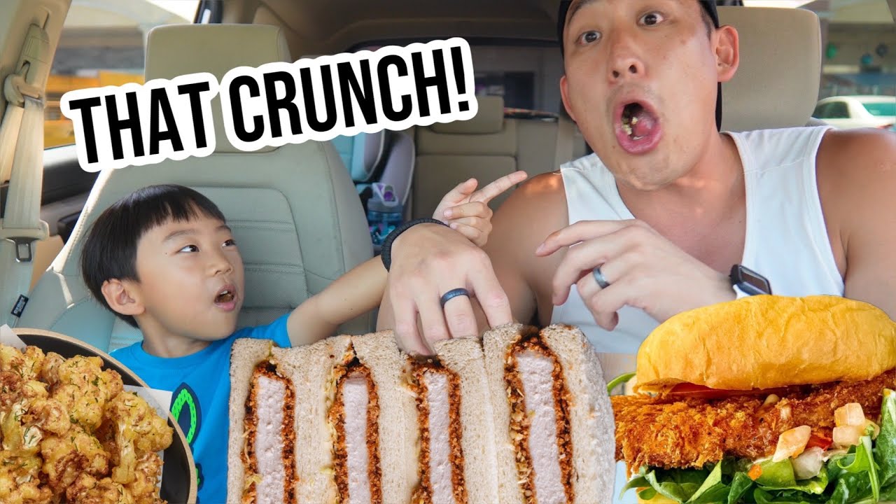 THE CRUNCHIEST MUKBANG IN THE CAR- Pork Katsu Sando, Fried Cauliflower Fries, Menchi Katsu Burger