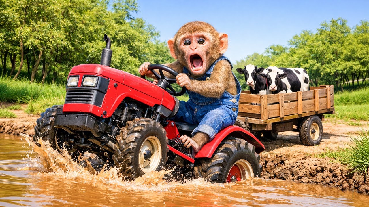 Monkey Farmer Driving a Tractor to Rescue a Dairy Cow Stuck in Deep Mud! - Monkey Farm Work