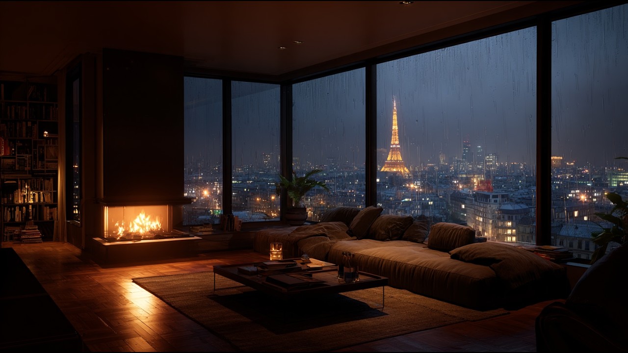 Rainy Paris Night 🌧️ Cozy Fireplace & Rain Sounds for Deep Sleep (6 Hours)