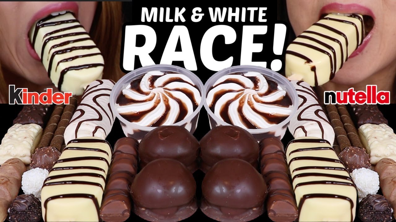 ASMR MILK & WHITE CHOCOLATE RACE! GIANT CHOCOLATE ICE CREAM BAR, ZEBRA CAKE, KINDER, NUTELLA 먹방