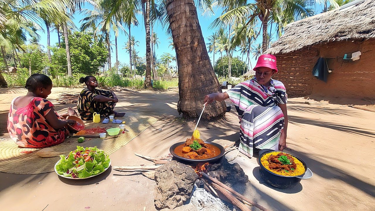 Authentic Mutton Biryani Feast 🌟 African Village Cooking | Palm-Side Dinner & Fresh Garden Salad 🌴🍛