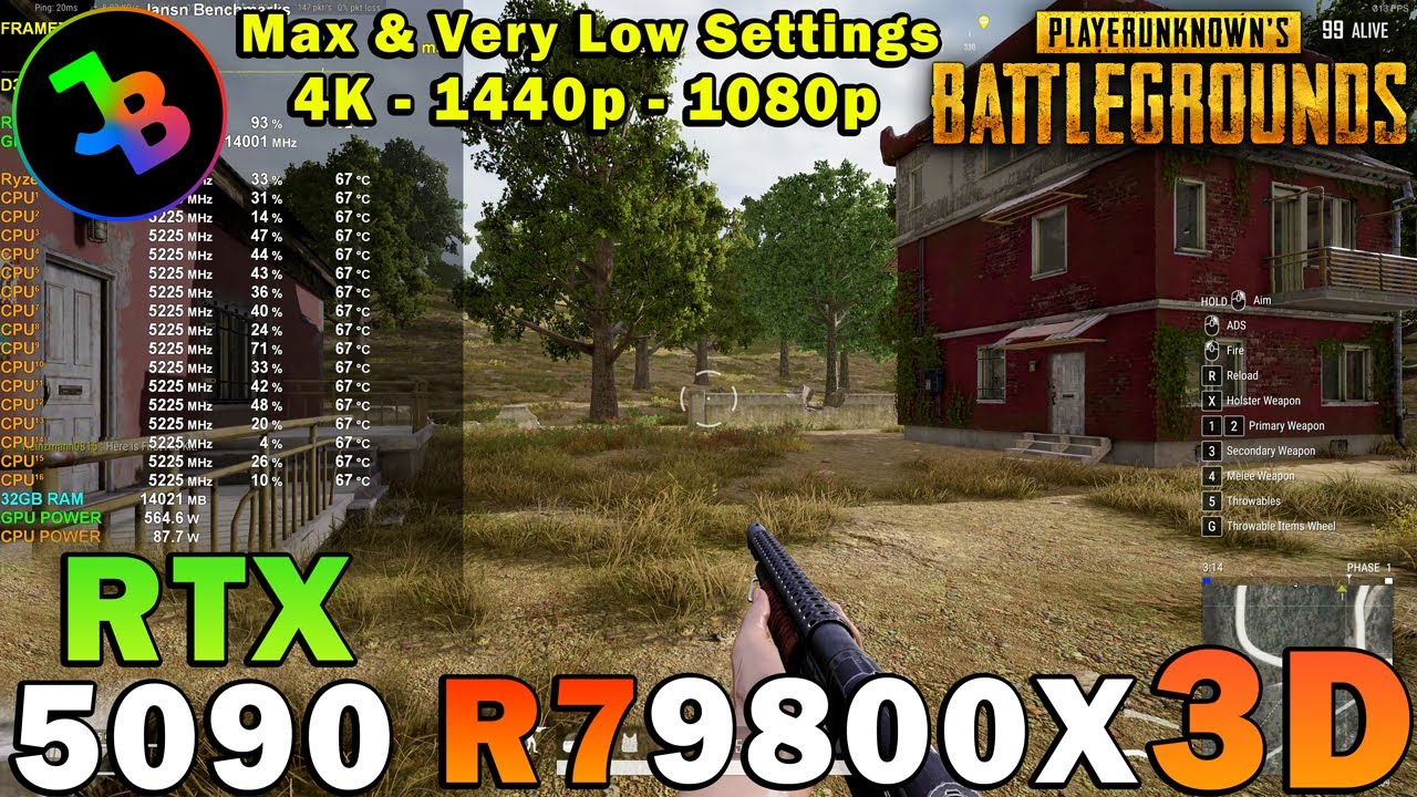 PUBG | RTX 5090 | Ryzen 7 9800X3D | 4K - 1440p - 1080p | Ultra & Very Low Settings