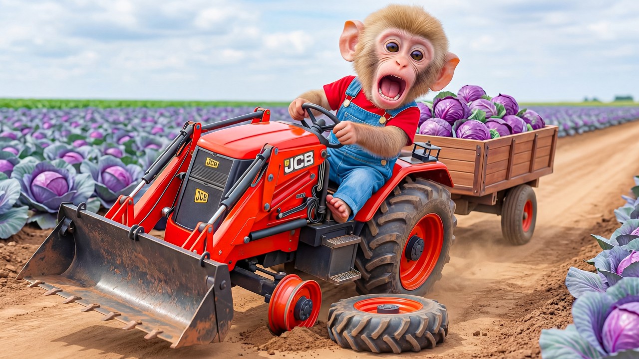 🐒🚜 Monkey Nana Drives a JCB to Harvest Cabbages&hellip; but a Nail Trap Thief Ruins the Machine! 🥬🚨
