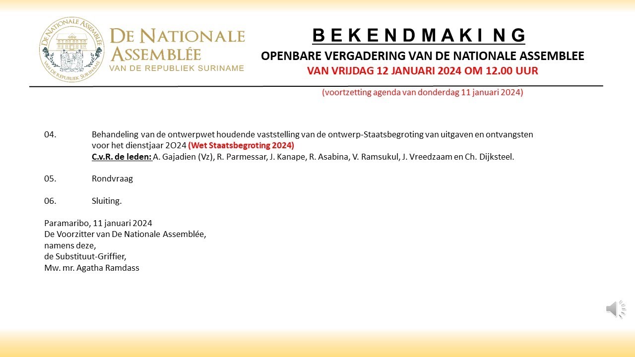 12 JANUARI 2024  -  DL. 2 - OPENBARE VERGADERING VAN DE NATIONALE ASSEMBLEE