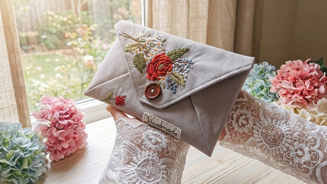 Handmade Fabric Envelope with Floral Embroidery | Elegant & Unique Gift