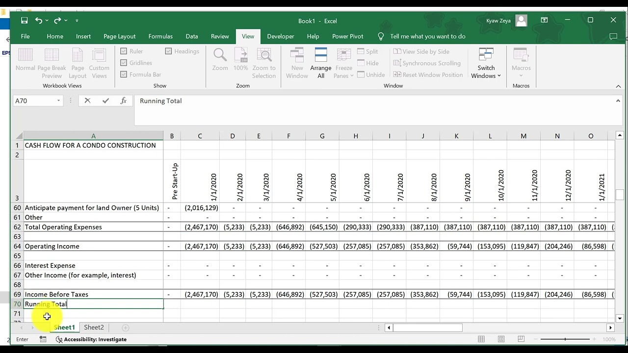 Condo Construction Cash Flow Analysis in Excel