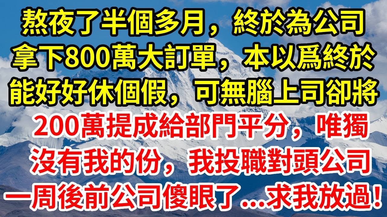 熬夜了半個多月，終於為公司拿下800萬大訂單，本以爲終於能好好休個假，可無腦上司卻將200萬提成給部門平分，唯獨沒有我的份，我隔天就投職對頭公司，一周後前公司傻眼了...求我放過！