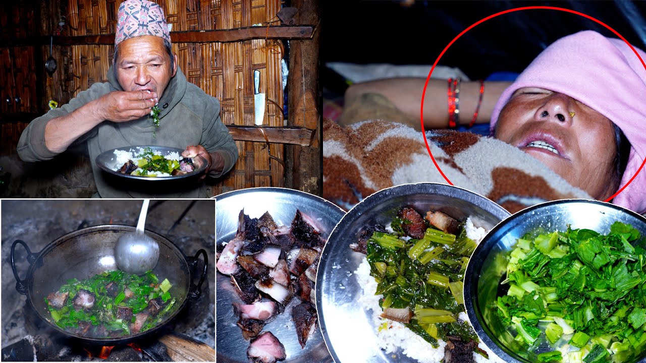 jungle man cooks  pork mustard mix curry and eats himself , wife drinks a lots and sleeps ||