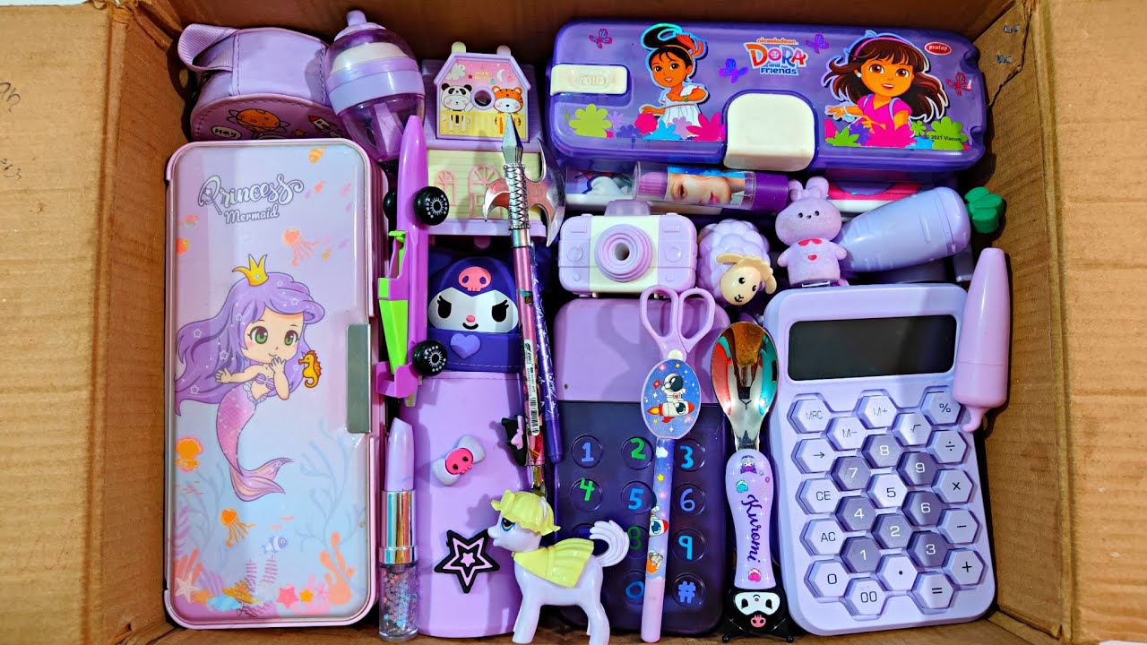 Unboxing Cute Purple Stationery📚, Back to School, Gear Lock Pencil Box, Eraser, Pouch, Sharpner, Pen