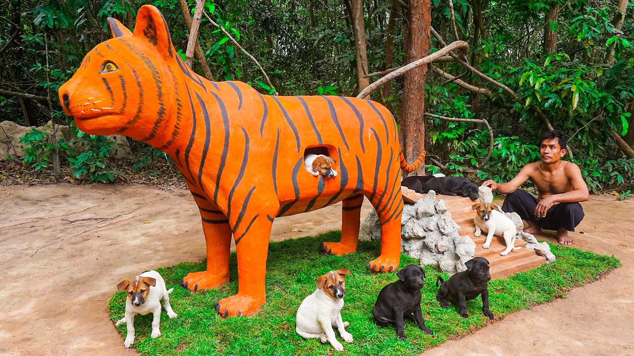 I Built a GIANT Tiger House for Puppies in the Jungle 🐯🐶 They Moved Inside!