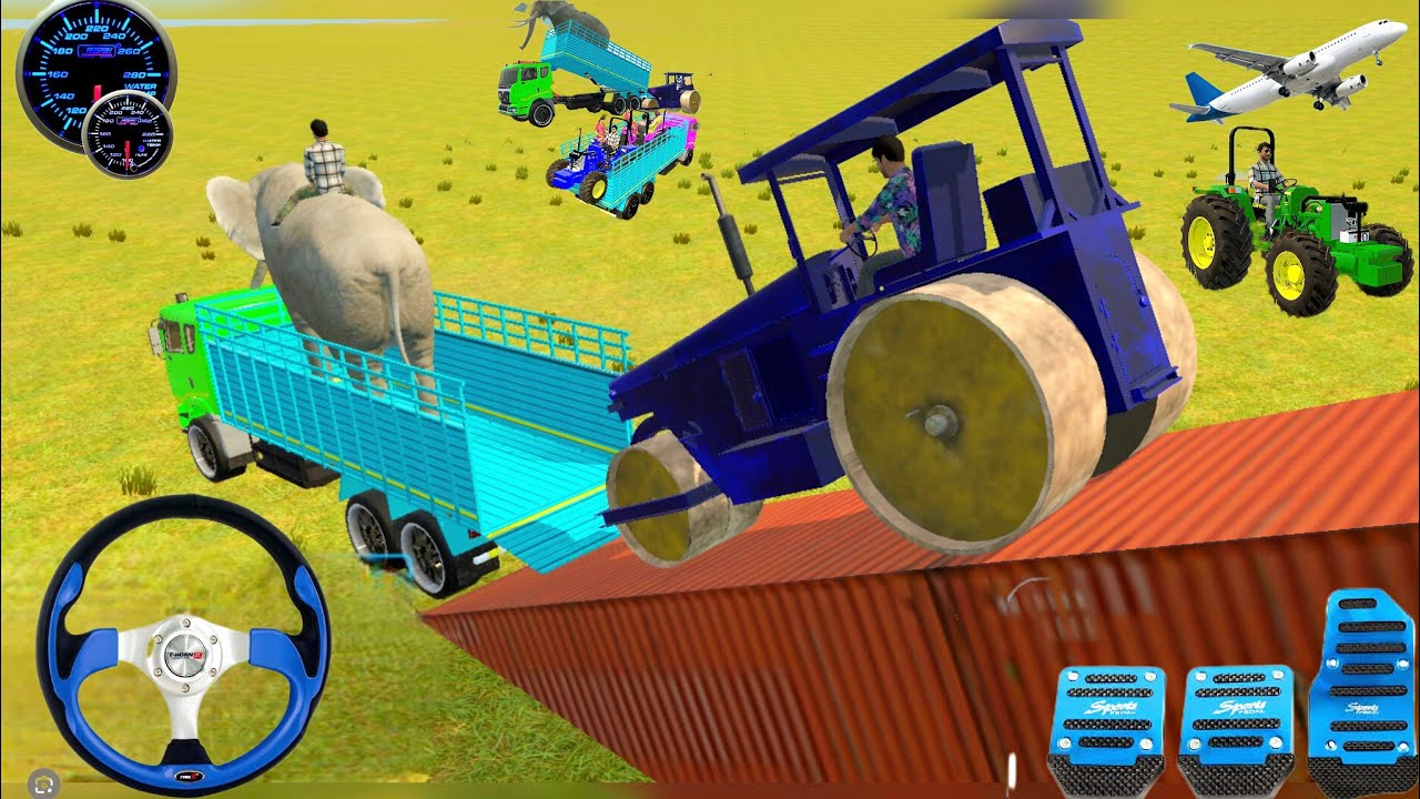 Drive JCB and 🚜 Tractor vs Elephant Truck Challenge 😱 | Impossible Ramp Crossing#truck #roadroller 