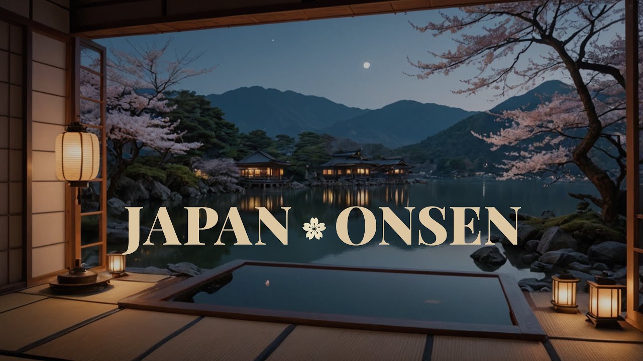 Japanese Hot Spring Night - Zen Onsen Music & Ambience with Soft Water Sounds for Meditation